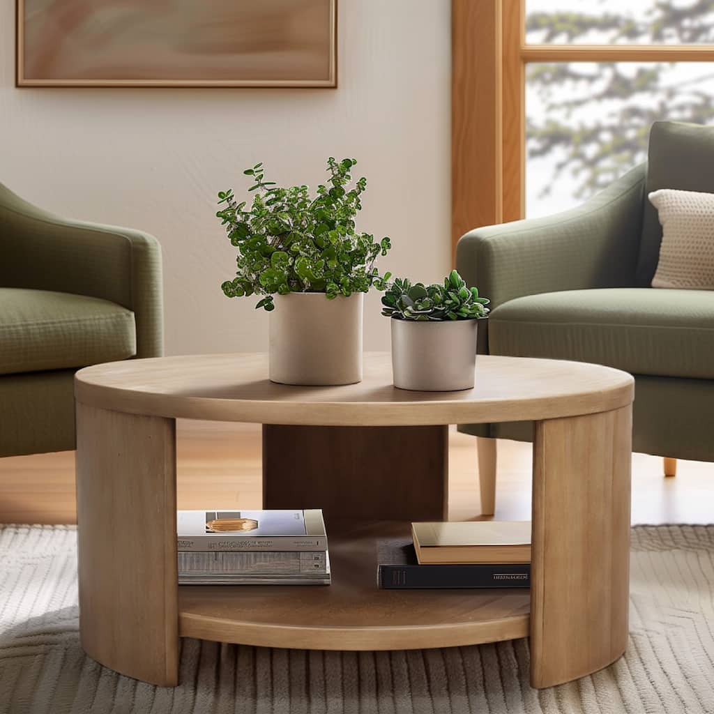 Roomfitters 36-Inch Round Coffee Table with Storage Shelf, Modern Minimalist Rubberwood Veneer Center Table, Natural