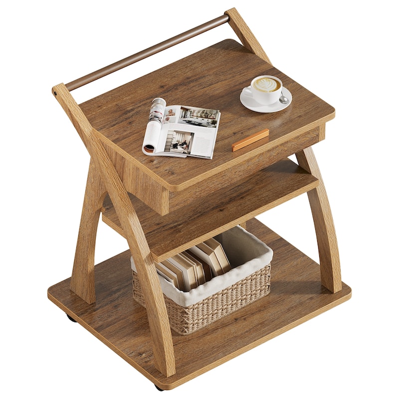 3-Tier Rolling Side Table, Adjustable Tabletop End Table with 1 Drawer, TV Tray for Small Spaces, Living Room