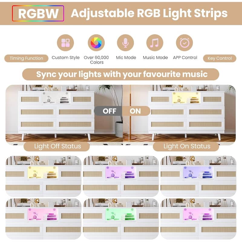 Modern Rattan 6-Drawer Dresser w/ LED Light, Deep Drawers