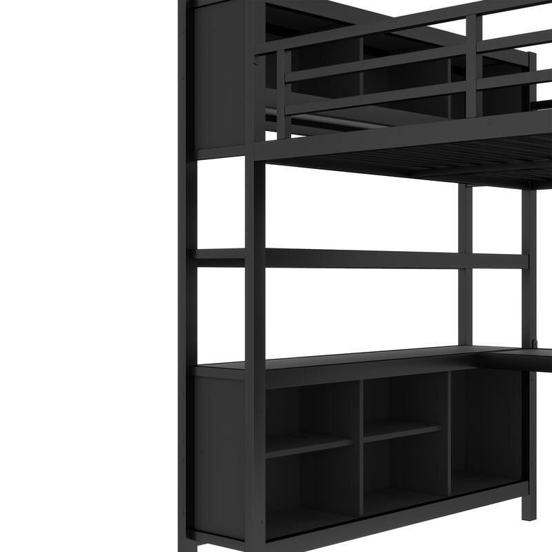 Queen Size Metal Loft Bed with L-Shaped Desk & Wardrobe - 350LB Capacity