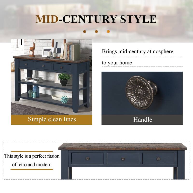 Wood Top Console Table, Modern Entryway Sofa Side Table with 3 Storage Drawers and 2 Shelves. Easy to Assemble (Blue)