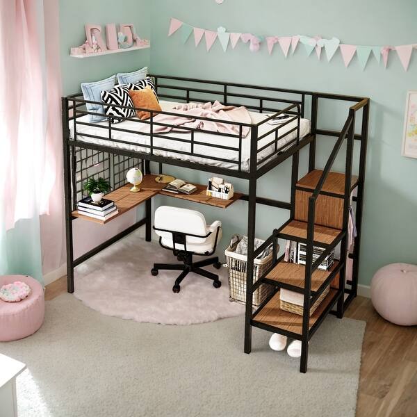 slide 2 of 26, Full Size Metal Loft Bed with Desk and Metal Grid,Stylish Metal Frame Bed with Lateral Storage Ladder and Wardrobe White