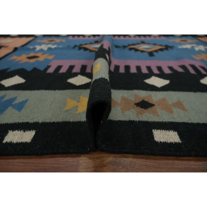 Hand Woven Oriental 100% Wool Carpet Southwestern Tribal Navy Blue & Blues Kilim Area Rug - 9' 11'' X 5' 3''