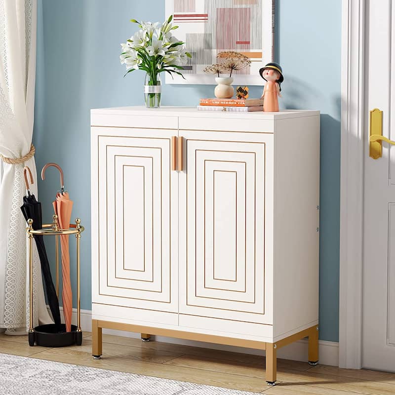 20 Pairs Shoe Storage Cabinet for Entryway, Freestanding Shoe Rack Organizer - White/Gold