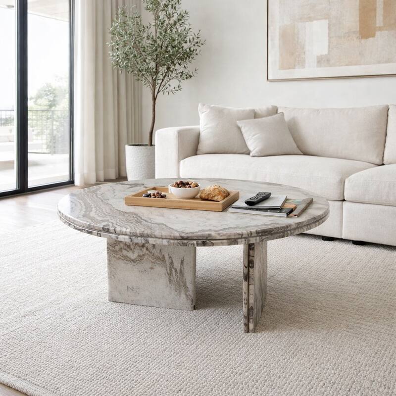 Round Marble Coffee Table with Pedestal Base - Ivory/Gray, 42" - 42.0"