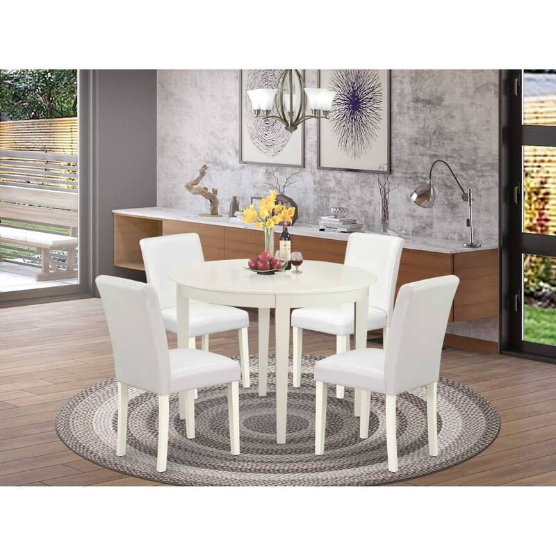 Round Kitchen Table Set 5pc - 42" Table & 4 Parsons Chairs - White PU Leather - Baroque Design