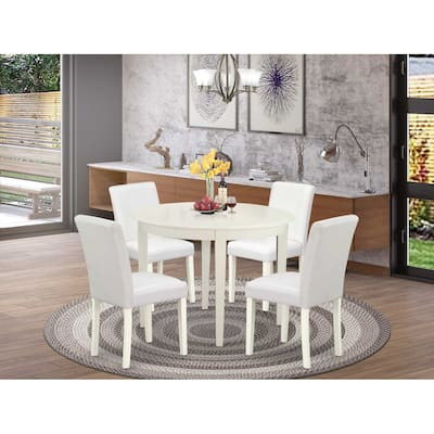 Round Kitchen Table Set 5pc - 42" Table & 4 Parsons Chairs - White PU Leather - Baroque Design