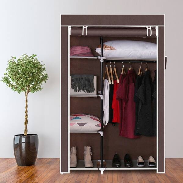 64 Portable Closet Storage Organizer Wardrobe Clothes Rack With Shelves Black Overstock 31117431