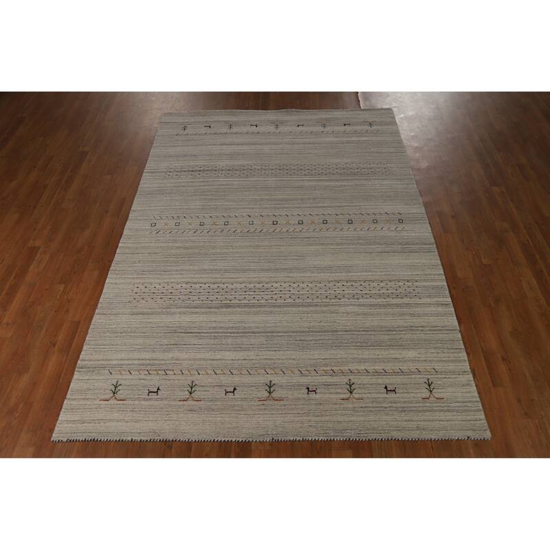 Hand Knotted Oriental 100% Wool Carpet Tribal Animal Pictorial Greys & Charcoal Gabbeh Area Rug - 8' 10'' X 6' 1''