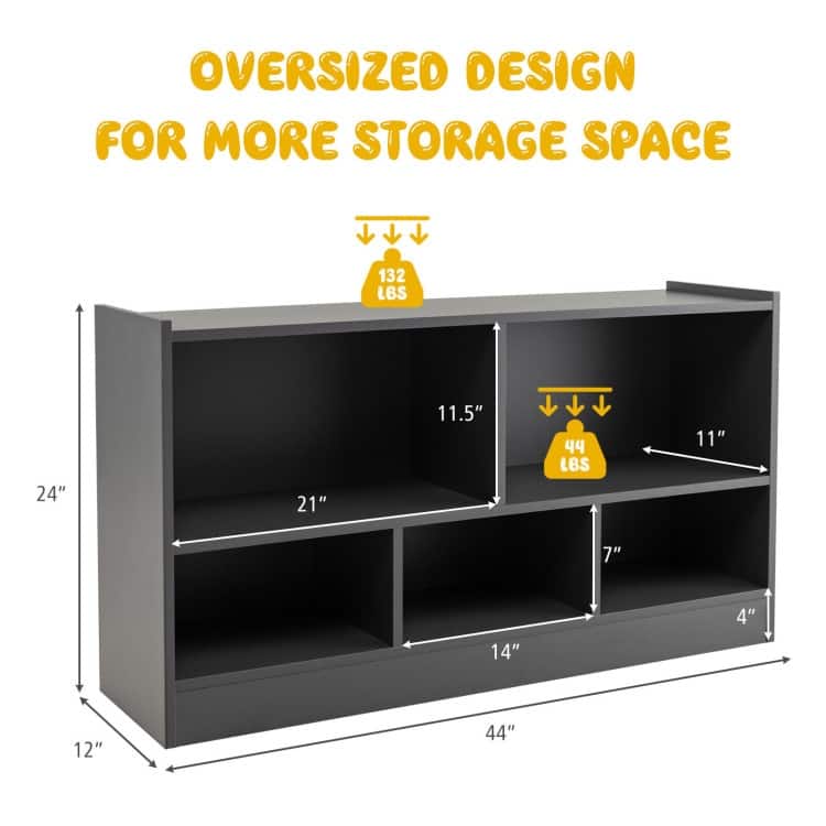 Children's Wooden Toy Storage Cabinet with 2 Shelves and 5 Cubes - 44" x 12" x 24" (L x W x H)