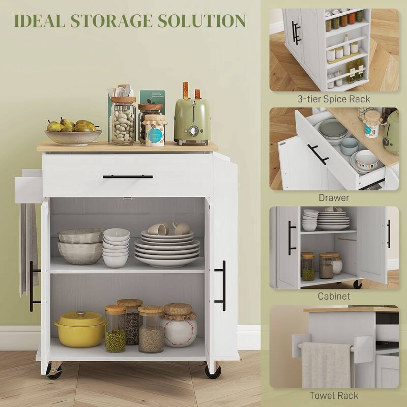 30" Rolling Kitchen Storage Cart with AC Outlets and USB Ports