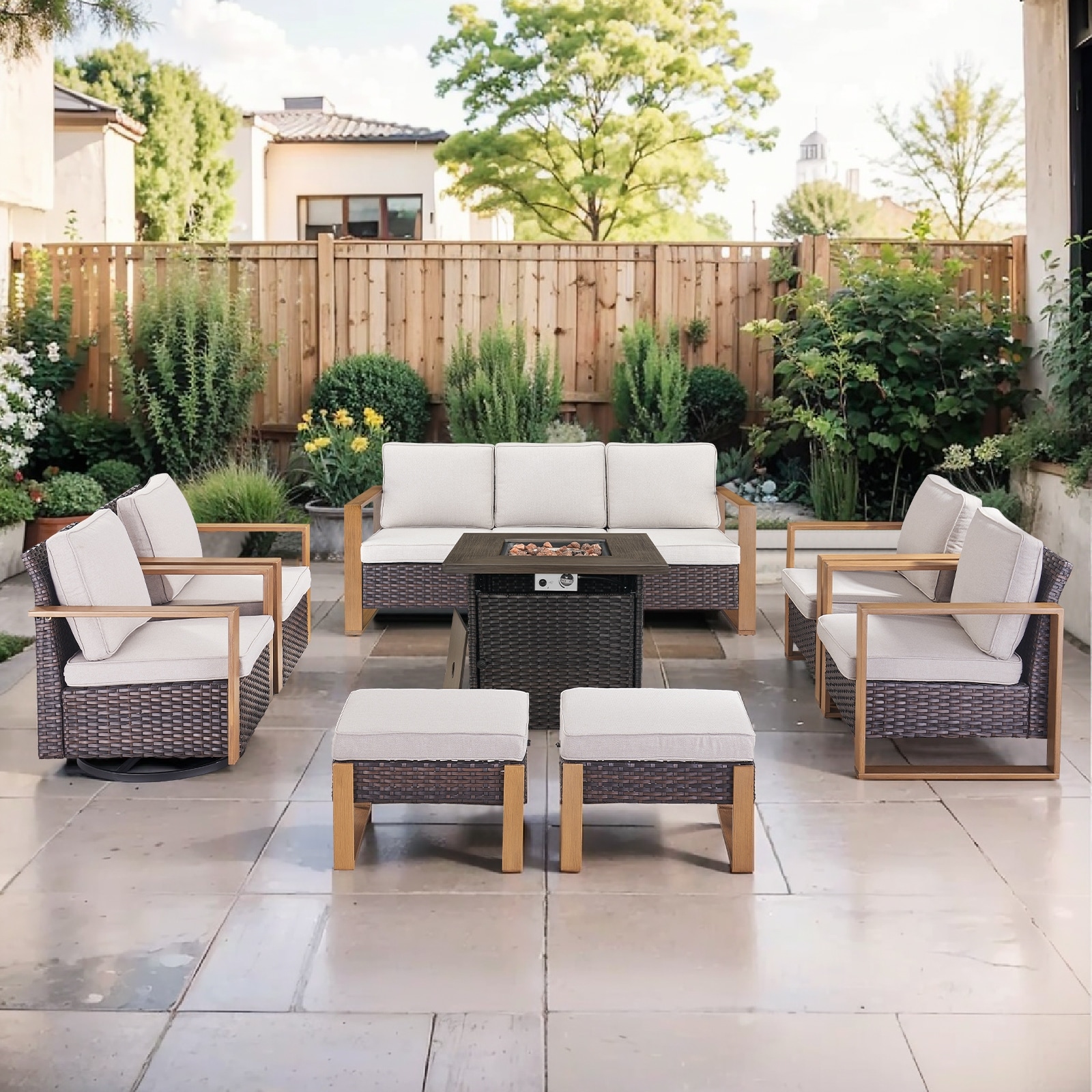 Pocassy Outdoor 30" Fire Pit Table with Sofa Swivel Chair Set