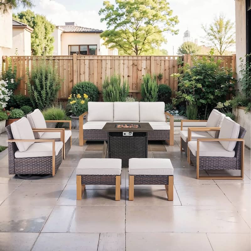 Pocassy Outdoor 30" Fire Pit Table with Sofa Swivel Chair Set - Brown Wicker Beige Cushion - 8-Piece Sofa Chair with Fire Table