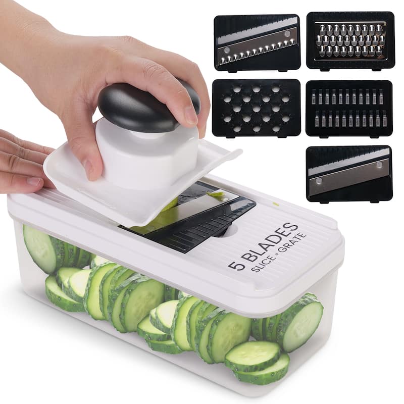 Cheer Collection Vegetable Slicer with 5 Blades and Storage Container Black White - Black and White
