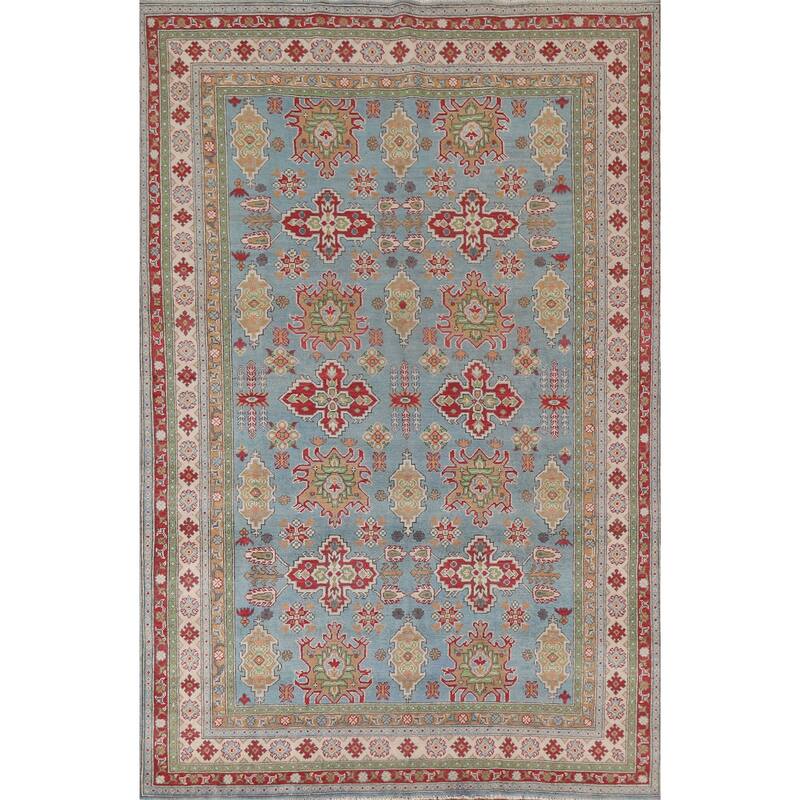 Hand Knotted Oriental 100% Wool Carpet Traditional All-Over Navy Blue & Blues Kazak Area Rug - 9' 8'' X 6' 6''