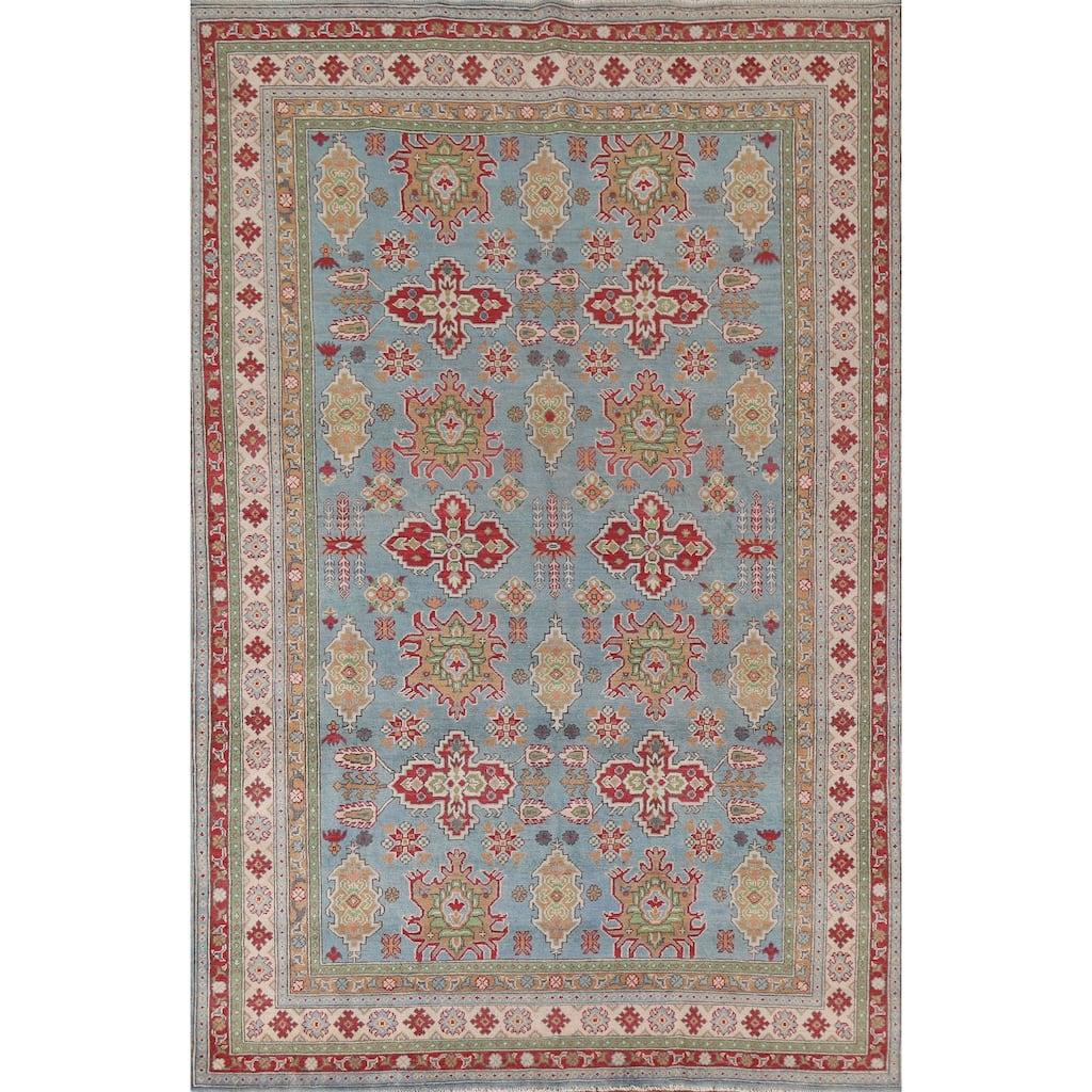 Hand Knotted Oriental 100% Wool Carpet Traditional All-Over Navy Blue & Blues Kazak Area Rug - 9' 8'' X 6' 6''