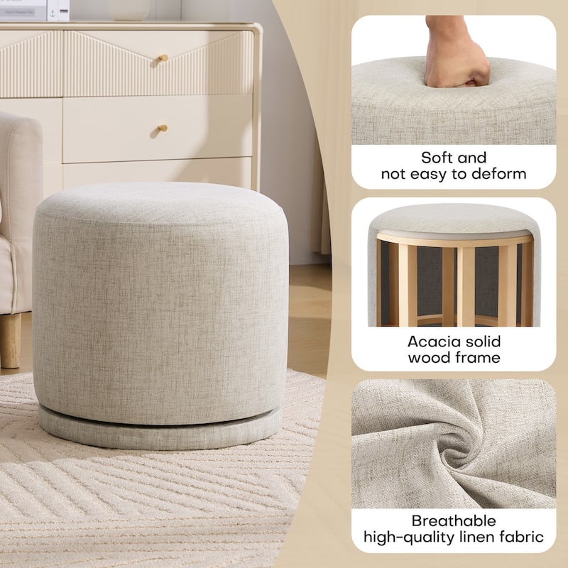 Fully Assembled Linen Round Swivel Ottoman Footstool with Acacia Hardwood Frame