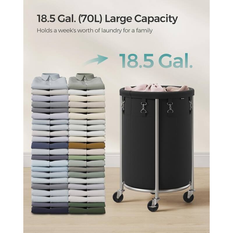 Laundry Basket with Wheels,Rolling Laundry Hamper,18.5 Gal,Round Laundry Cart with Steel Frame and Removable Bag,4 Casters