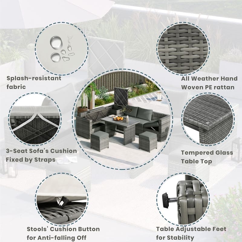 6-Piece All-Weather PE Rattan Patio Set – Adjustable Seating, Storage Box, Removable Covers & Tempered Glass Table Top‌