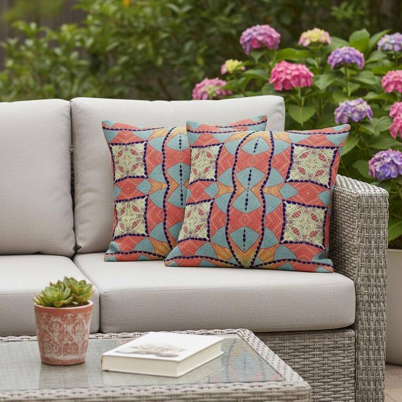 HomeRoots Set of Two 16" X 16" Blue and Orange Blown Seam Eclectic Indoor Outdoor Throw Pillow - 16.00' X '16.00' X '5.00 - Blue/Orange - 16.00' X '16.00' X '5.00