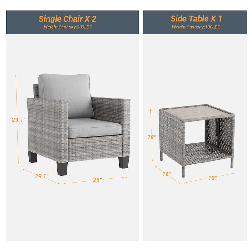 LIVOOSUN 3-Piece Patio Sofa Set Gray Rattan Outdoor Chair with Side Table