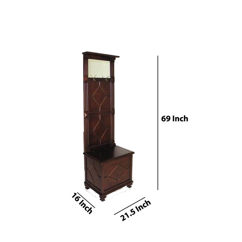 Molded Wooden Frame Hall Tree with Lift Top Box and Mirror Insert, Brown