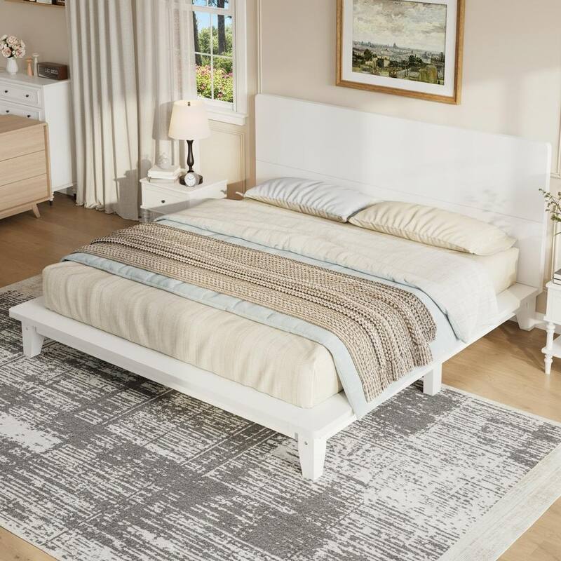 Minimalist Wood Platform Bed Frame with Headboard by Harper&Bright Designs - White - Queen