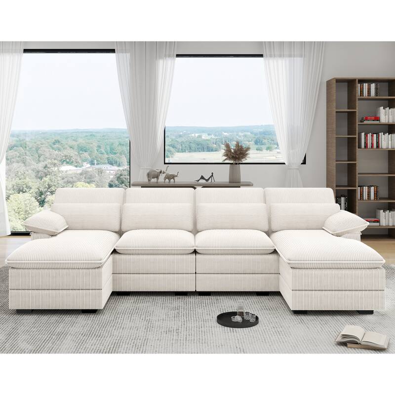 111.8" U-Shaped Cloud Sectional, 4-Seater Corduroy Upholstered Sectional with Recliner and Cushions - White