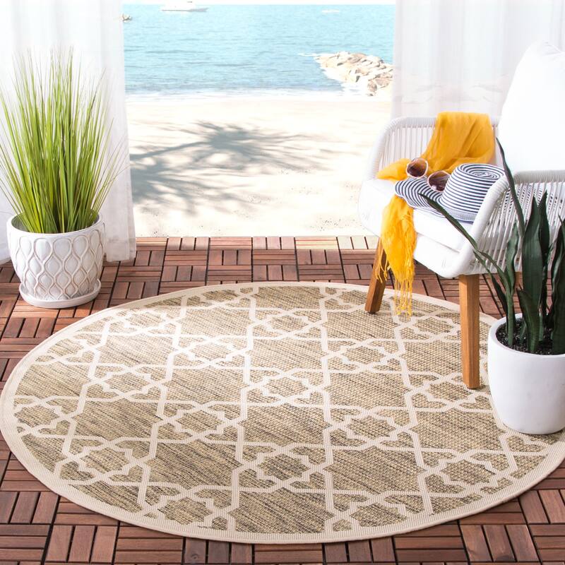 SAFAVIEH Courtyard Lawanda Trellis Indoor/ Outdoor Waterproof Patio Backyard Rug - 7'1 x 7'1 Round - Brown/Beige