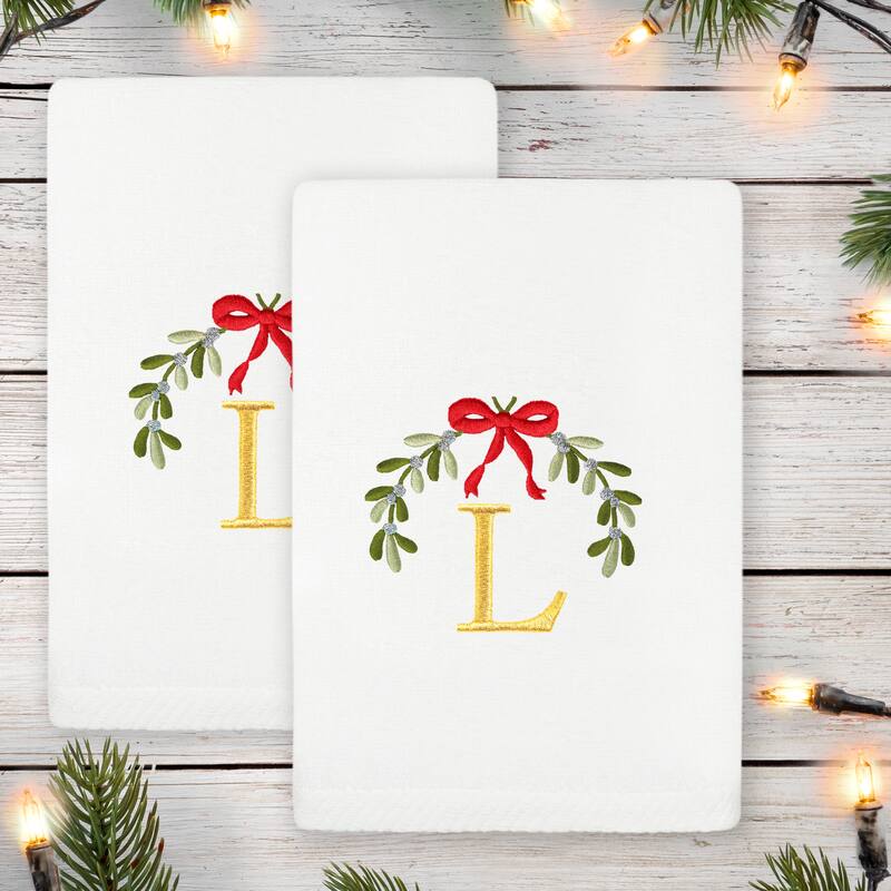 Authentic Hotel and Spa Christmas MISTLETOE MONOGRAM Embroidered Luxury 100% Turkish Cotton Hand Towels Set of 2