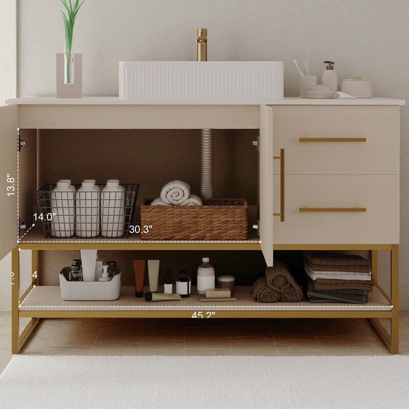 47.2" Modern Bathroom Vanity with Ceramic Vessel Sink, Gold Stainless Steel Base and Storage Cabinet