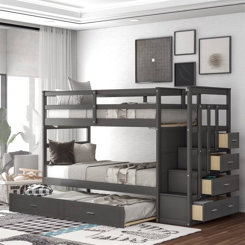 Merax Wood Twin Over Twin Bunk Bed with Trundle and Staircase - Grey