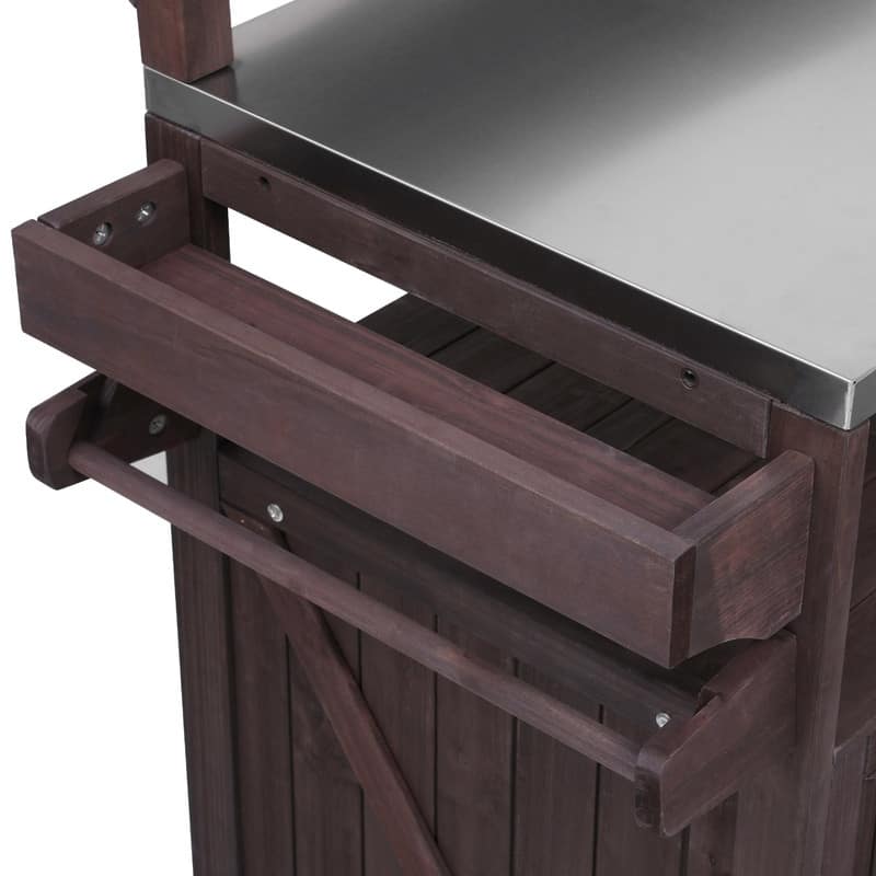 Outdoor Kitchen Island, Solid Wood Storage Cabinet with Stainless Steel Top and Lockable Wheels