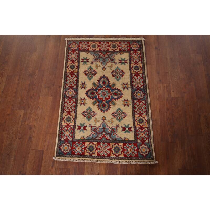 Geometric Kazak Foyer Rug Hand-Knotted Beige Wool Carpet - 1'11" x 2'11"