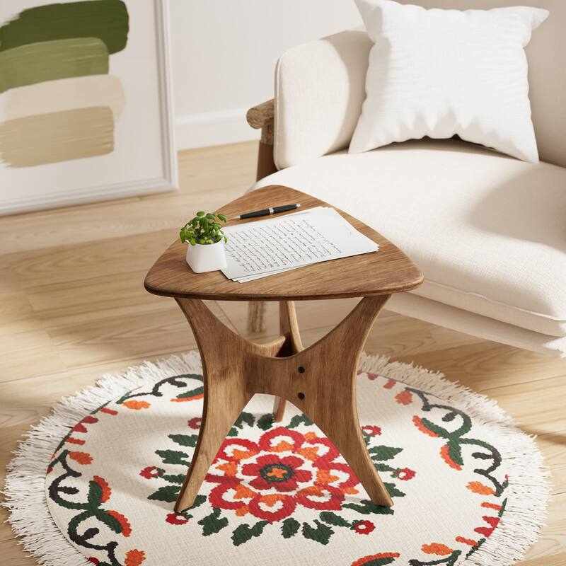 COZAYH Contemporary Triangle Side Table with Cross-Leg Wood Base, MCM Small Accent Table for Lounge, Quick Assembly