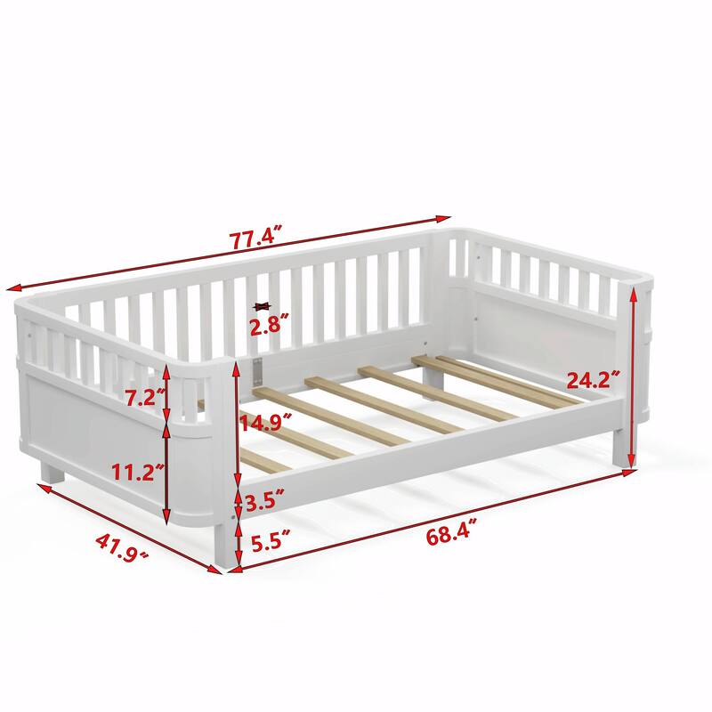 Wood Platform Bed for Kids, Low Profile Wooden Full Bed with Rails