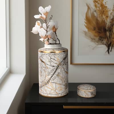16" Ceramic Jar with Lid Contemporary Decorative Glassware in White, Black and Gold Storage Canister Decor - 8" x 8" x 16"