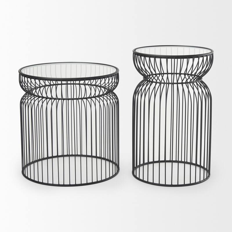 Shani Round Black Iron w/ Glass Shelves Accent Tables - 30.7"L x 18.8"W x 20"H