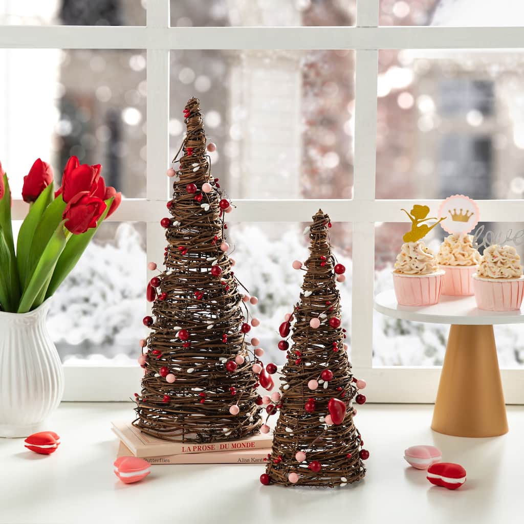 Glitzhome 16"H Set of 2 Valentine's Heart and Berries Table Tree