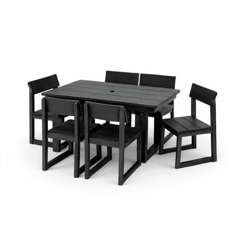 7-Piece HDPE Outdoor Dining Set for 6 - Weather-Resistant Patio Table with Umbrella Hole and 6 Armless Chairs