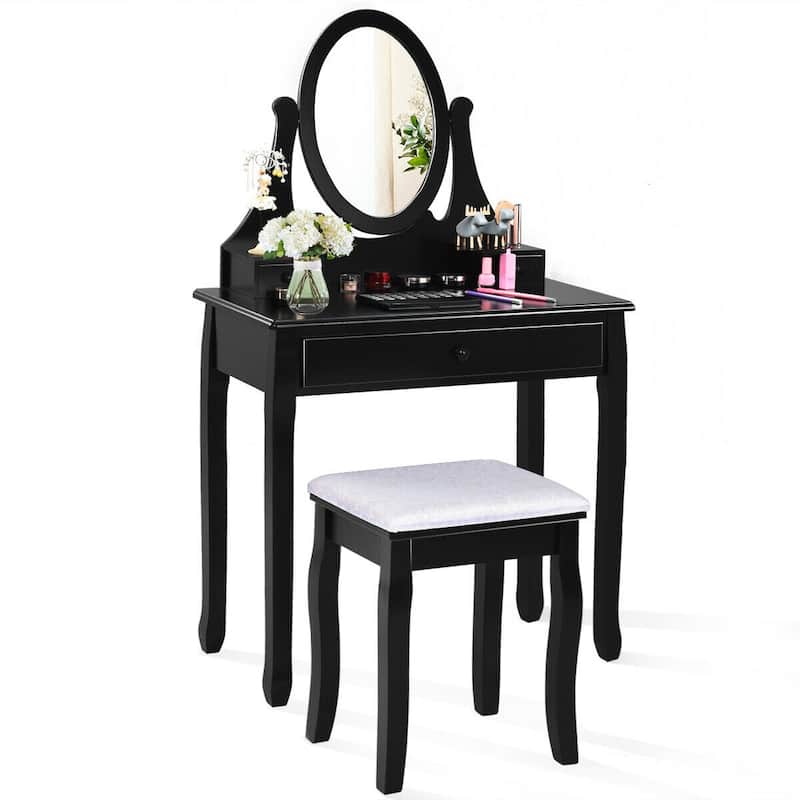 Gymax Bedroom Wooden Mirrored Makeup Vanity Set w/Stool Black
