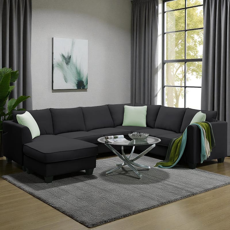 112" x 87" Modular Sectional Sofa 7-Seat L-Shaped Couch with Ottoman Fabric Corner Sofa Set with 3 Pillows for Living Room - Black