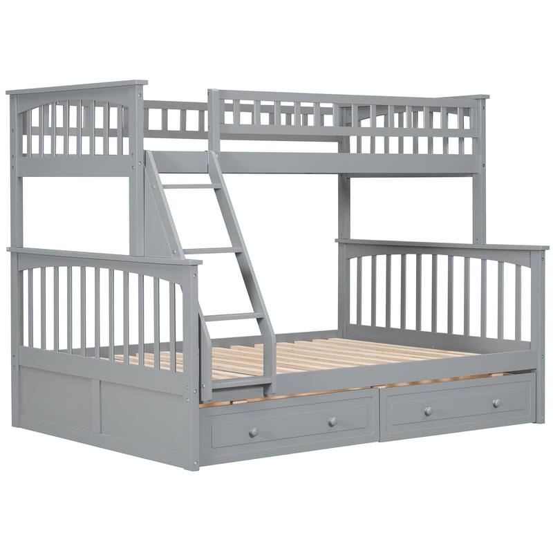 Wooden Storage Bunk Bed Frame with Fence-shaped Guardrails and Pull-out Drawers, Convertible 2 Platform Beds, Detachable Design
