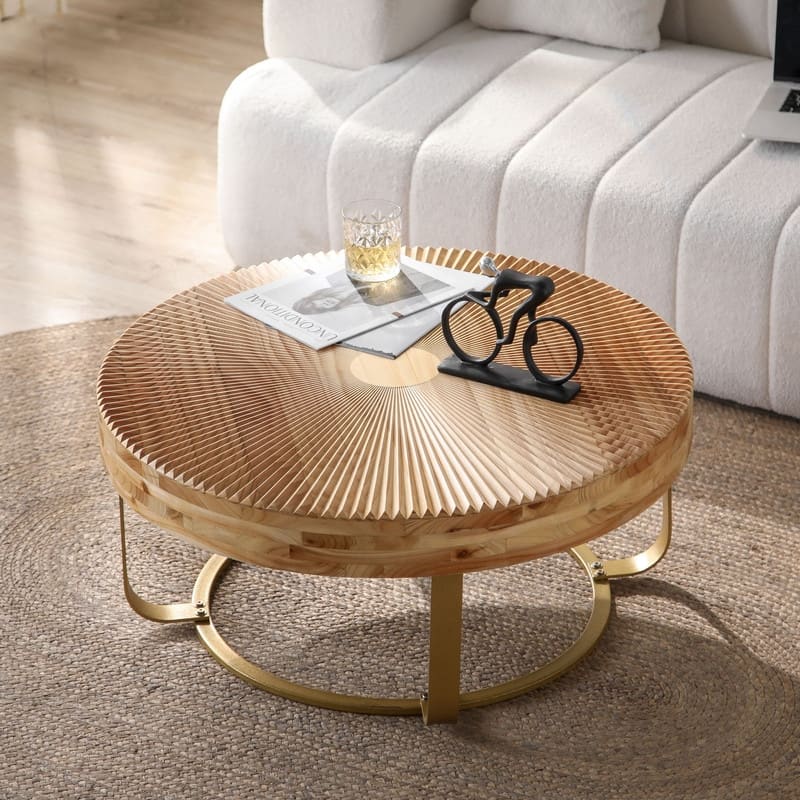 Modern Round Coffee Table with Carved Wood Top and Metal Legs