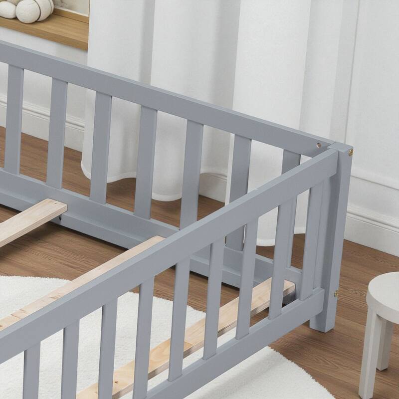 Full Size Montessori Floor Bed with Fence and Door, Solid Wood Platform Bed with Slats for Kids and Toddlers
