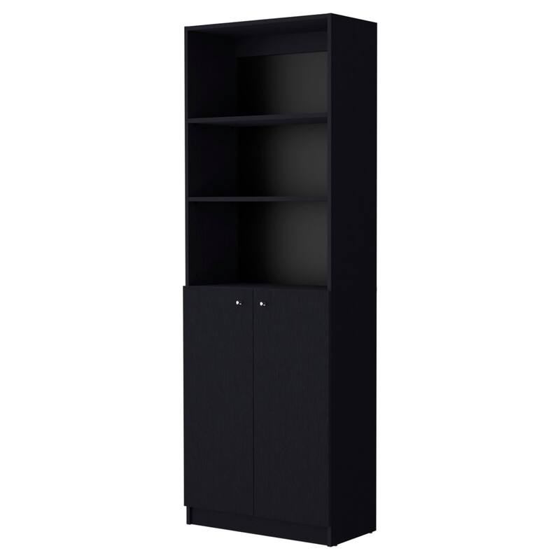 HomeRoots 71" Black Five Tier Bookcase with Two doors