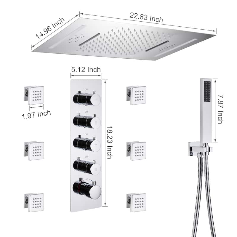 Luxury 4-Spray Patterns 23 in. Ceiling Mount Shower System with Handheld Shower Head, 6 Body Jets, LED, and Music - 15" x 23"
