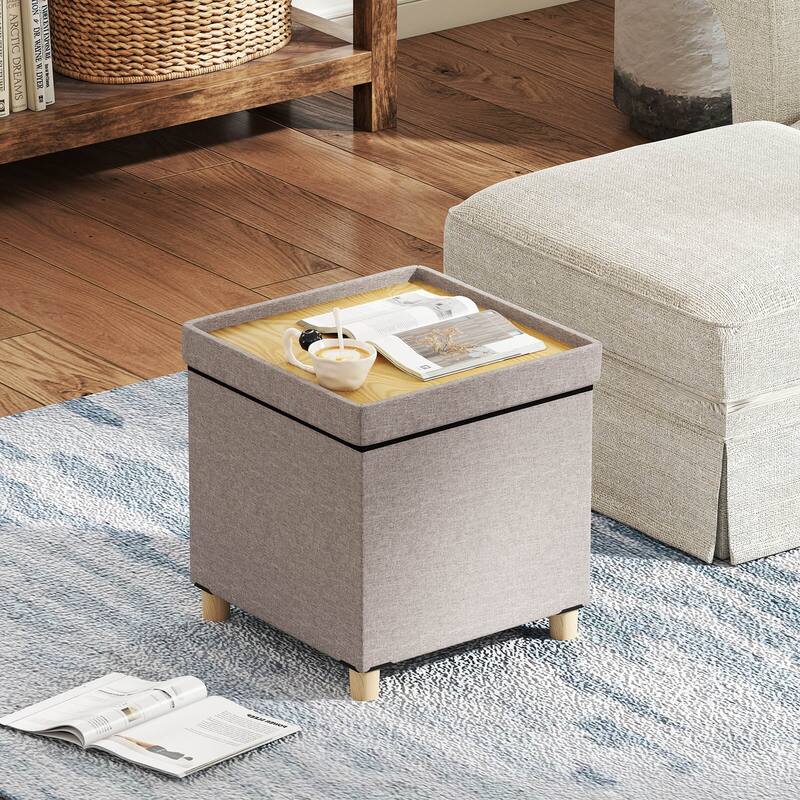 Costway 1/2 PCS 18 Inches Ottoman with Storage,Tray & Rubber Wood Legs