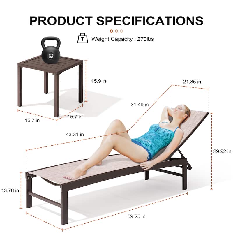 Outdoor Aluminum Chaise Lounge Chairs and Side Table, Sun Lounger with Adjustable Backrest