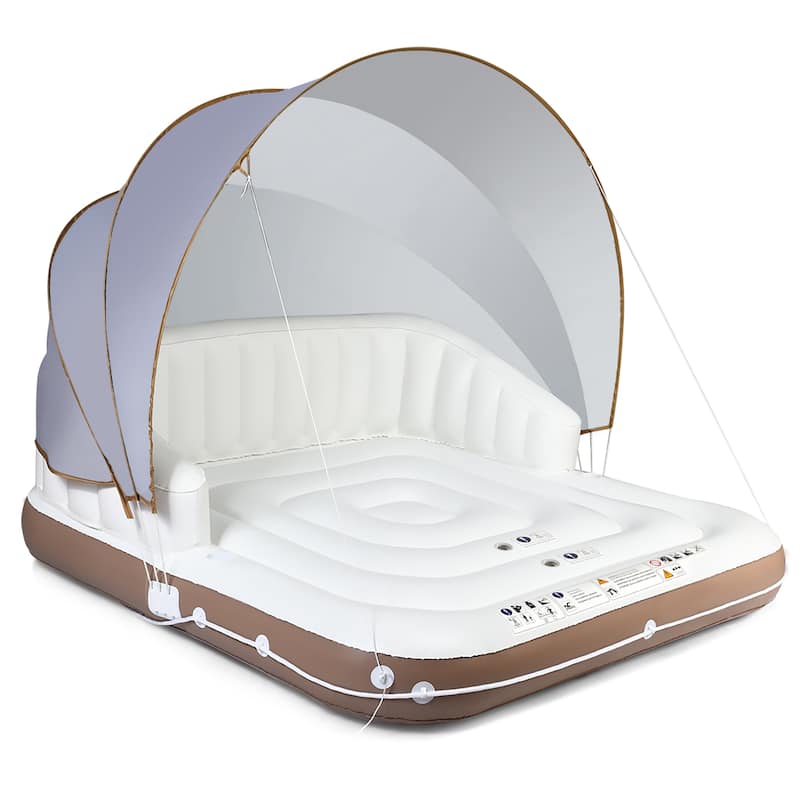 Costway Floating Island Inflatable Swimming Pool Float Lounge Raft - White + Brown + Silver